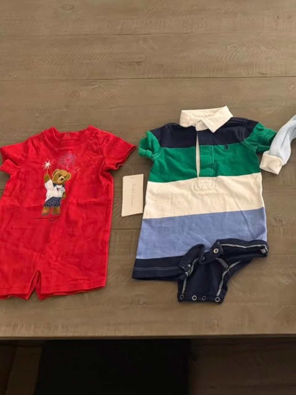 Lot of 2 Ralph Lauren Kids' Red Polo Bear Romper & Striped Polo One-Piece Romper